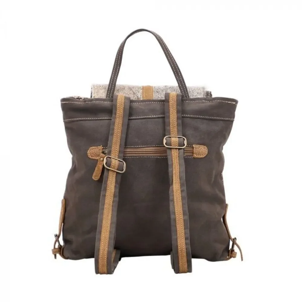 Myra Bag Handmade Stygian Backpack Upcycled Canvas & Cowhide Leather